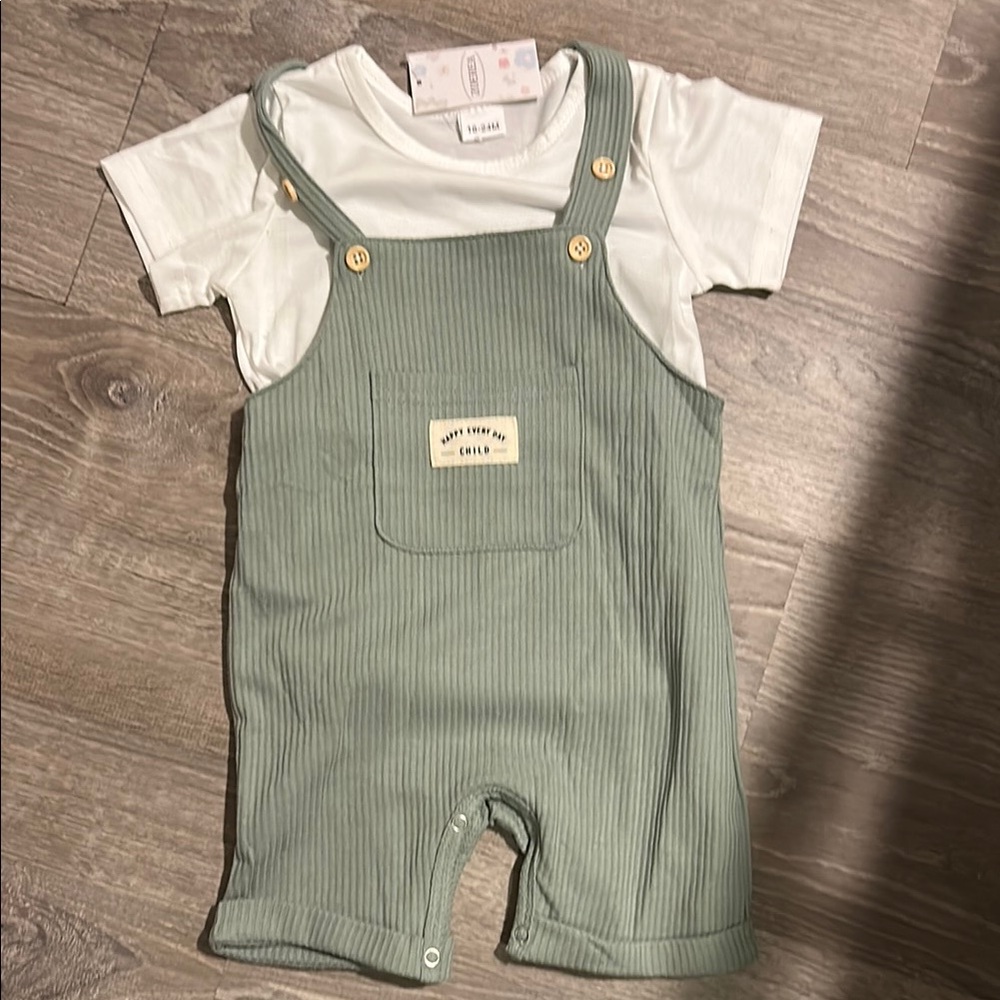 Green Ribbed Overalls with White Tee